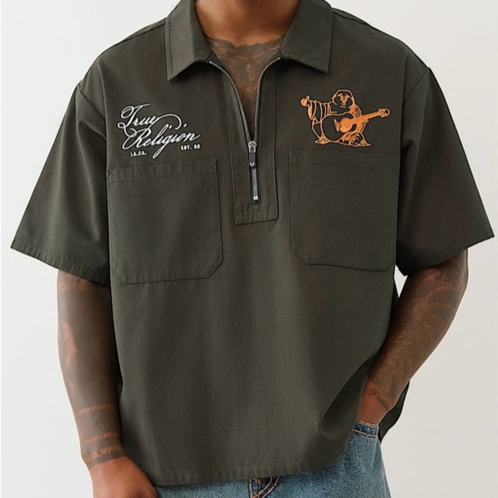 True Religion Men's Olive Green SS Double Pocket Half Zip Shirt- XXXL